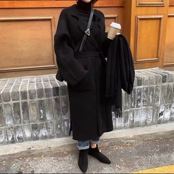 AT COST Black Long Cardigan Coat Chunky Over Knee Thick Belt With Pockets - Picture 2 of 14